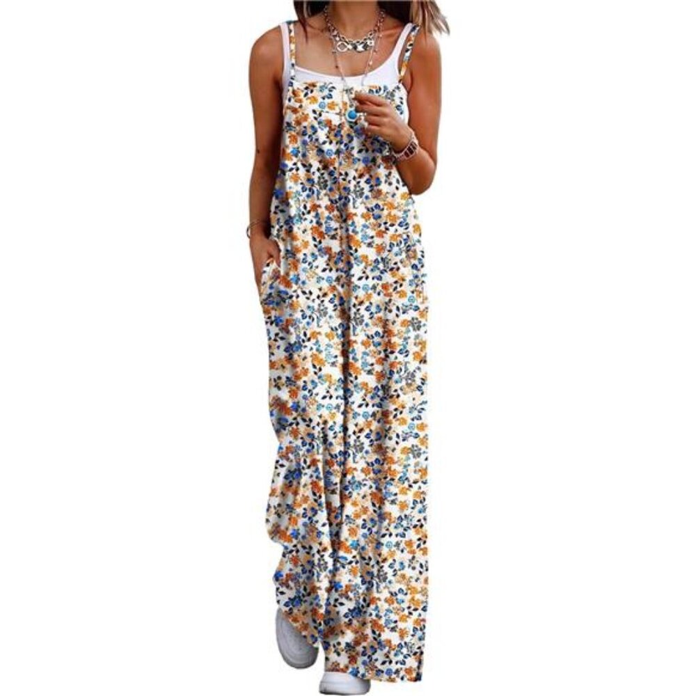 New Women's Boho Wide-Leg Floral Jumpsuit - Casual Summer Romper with‎ Pockets